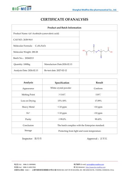 Certificate of Analysis (COA) — Shanghai Medfine Bio-pharmaceutical Co., Ltd. — 4-[(4-carboxy-2-cyanobutan-2-yl)diazenyl]-4-cyanopentanoic acid