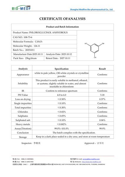 Certificate of Analysis (COA) — Shanghai Medfine Bio-pharmaceutical Co., Ltd. — benzene-1,3,5-triol
