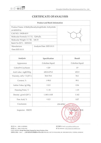 Certificate of Analysis (COA) — Shanghai Medfine Bio-pharmaceutical Co., Ltd. — 5-methyl-3a,4,5,6,7,7a-hexahydro-2-benzofuran-1,3-dione